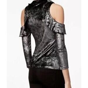 A/X Armani Exchange Cold Shoulder Velvet Top Medium M Shimmery Black Silver NEW